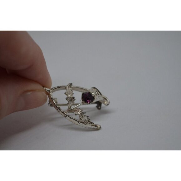 Wishbone Flower Brooch Vintage Silver Tone Lucky Pin Purple Stone Vtg Jewelry - Picture 2 of 6